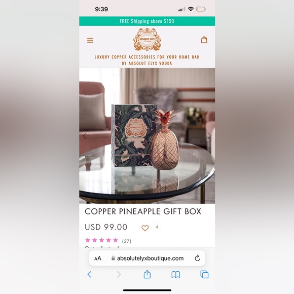 Absolut Elyx Copper Pineapple Drinking Vessel Cup in Gift Box - SOLD OUT ONLINE! - Picture 11 of 15